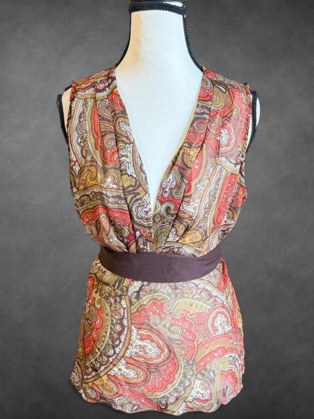 Vintage Y2K Portrait Paisley Boho Sleeveless Top - Medium